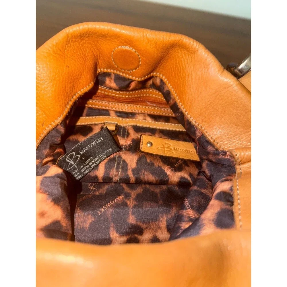 B Makowsky Tan Leather Leopard Interior Shoulder Bag Y2K